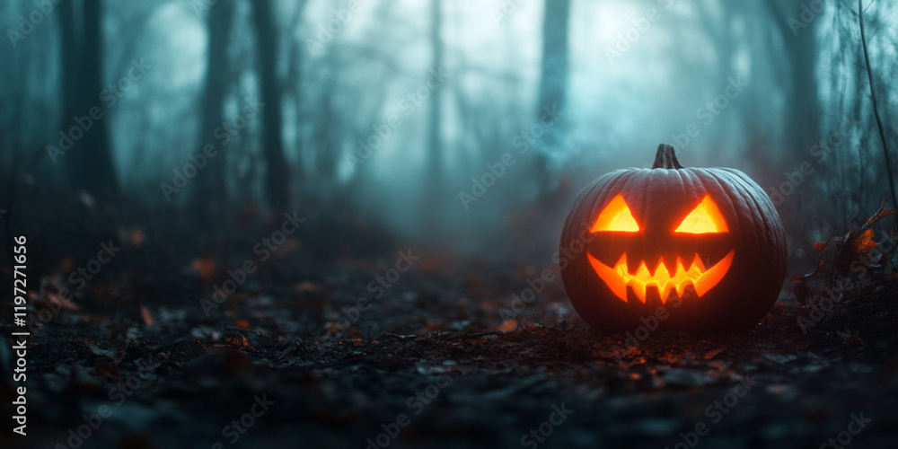 Naklejka premium Creepy jack-o’-lantern in dark forest, Halloween pumpkin glowing in misty woods