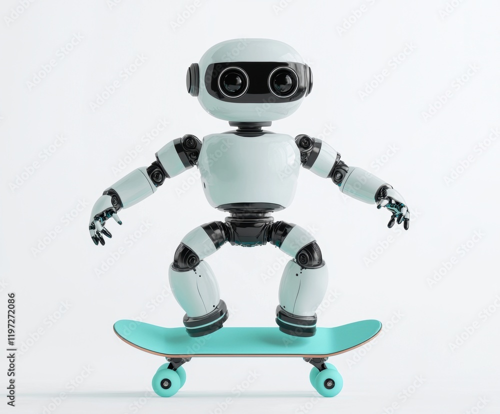 Playful Robot with Big Eyes Riding a Skateboard on a White Background Playful Robot with Big Eyes Riding a Skateboard on a White Background