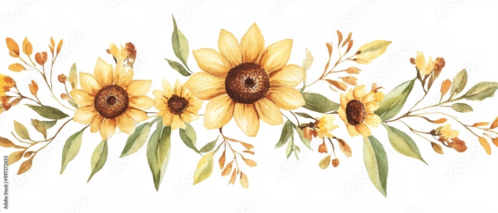 Obraz premium Watercolor Sunflowers Autumn Floral Border Design Element