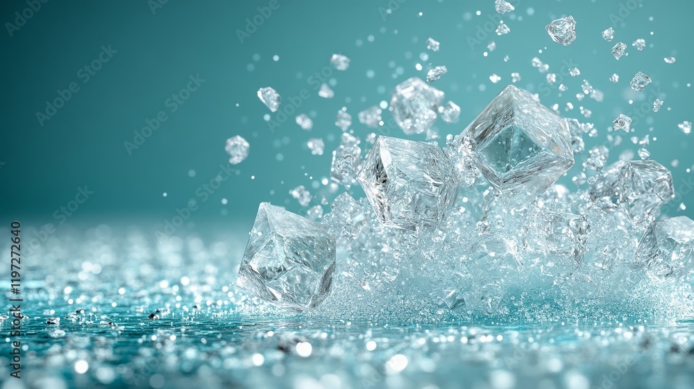 Sparkling Ice Cubes Splashing Water on Blue Surface Sparkling Ice Cubes Splashing Water on Blue Surface