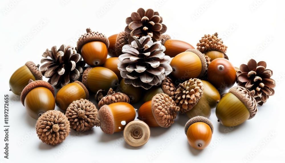 acorns and cones scattered on a white background acorns and cones scattered on a white background
