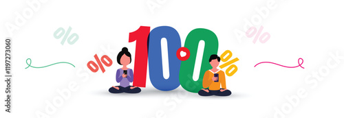 100%. One hundred percent genuine. 3D multi colour number, digits 100%. Warranty concept for sale banner with a girl and boy. Vector illustration.