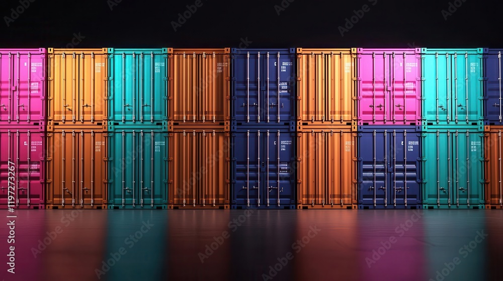 Obraz premium Glowing cargo containers stacked at a port, logistics in action, 3D illustration