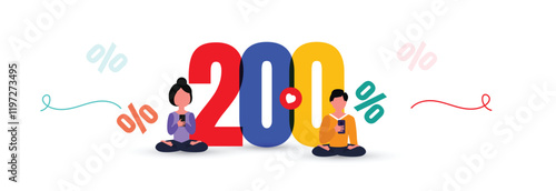 200%. Two hundred percent discount. 3D multi colour number 200%. Cashback or prize concept for sale banner with a girl and boy . Vector illustration.