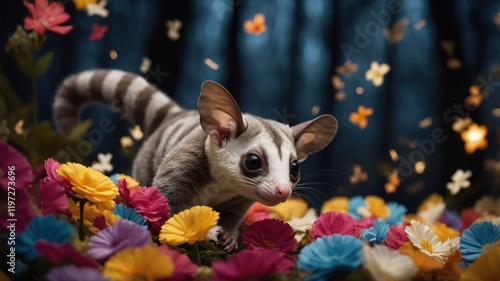 A sugar glider exploring a vibrant flower garden with a magical atmosphere.