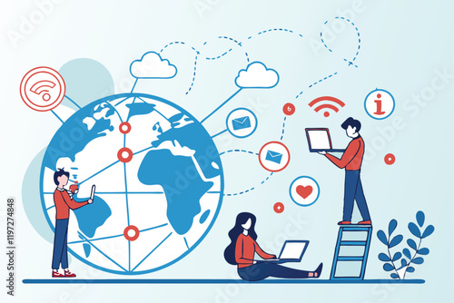 Global connectivity, social media icons, diverse communication channels, miniature people interacting with technology, oversized world globe, digital marketing concepts, colorful flat design, visualiz