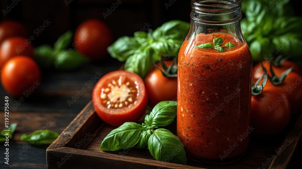 Refreshing Tomato and Basil Smoothie in Glass Bottle Refreshing Tomato and Basil Smoothie in Glass Bottle