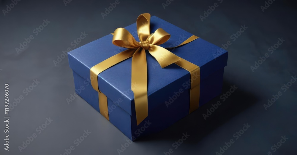 Obraz premium A golden Hanukkah gift box sits atop a dark blue background with a gold ribbon wrapped around it, Gift Wrapping, Jewish Celebration