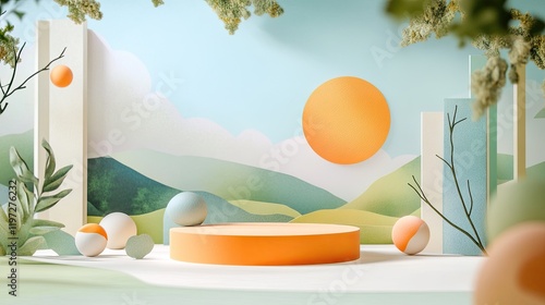Pastel landscape scene with orange podium for product display