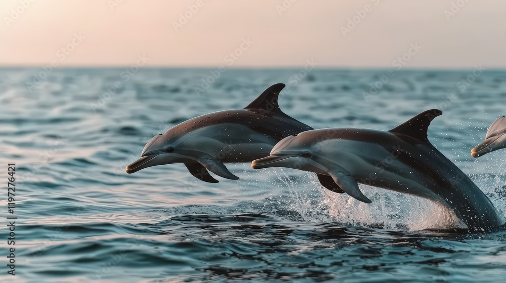 Fototapeta premium Dolphins leaping in ocean marine ecosystem wildlife photography serene water environment dynamic viewpoint