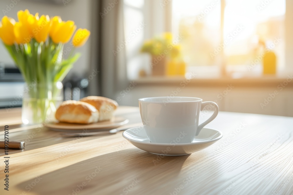 Morning coffee with fresh baked goods and vibrant tulips in a sunlit kitchen Morning coffee with fresh baked goods and vibrant tulips in a sunlit kitchen