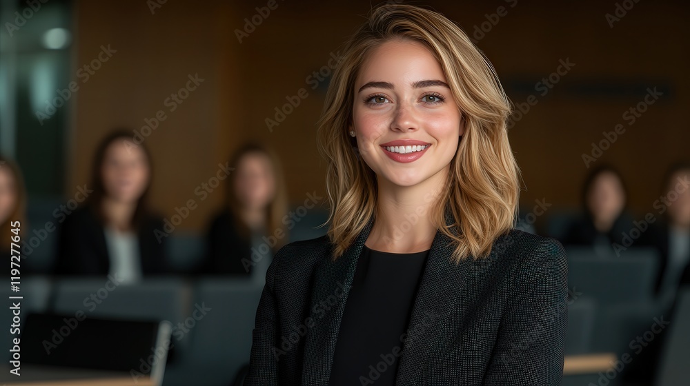 Confident Businesswoman in Elegant Black Suit Engaging with Diverse Audience in Professional Setting Reflecting Leadership and Empowerment Atmosphere Confident Businesswoman in Elegant Black Suit Engaging with Diverse Audience in Professional Setting Reflecting Leadership and Empowerment Atmosphere