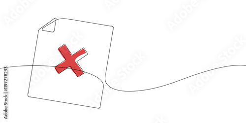 A single line drawing of a file with cross symbol. Continuous line cross icon in color. One line icon. Vector illustration.