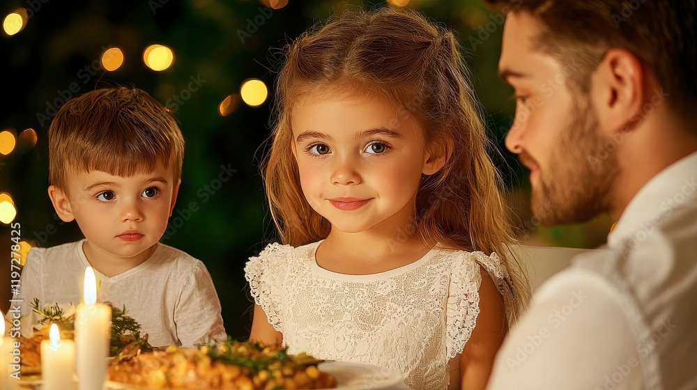 Family Gathering Celebration with Children at Festive Dinner Table Family Gathering Celebration with Children at Festive Dinner Table