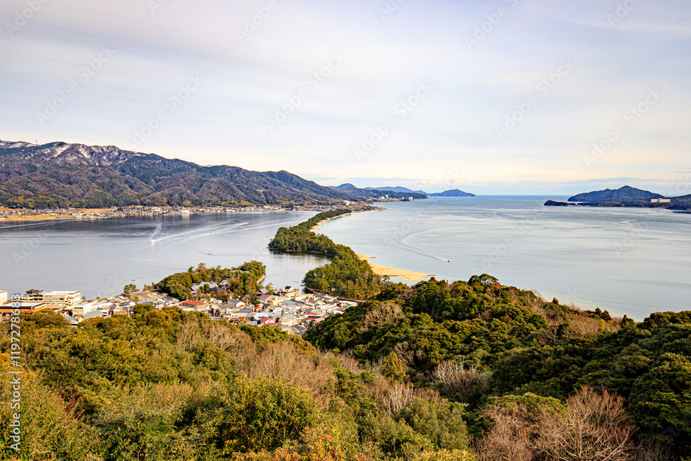 Fototapeta premium One of The Three Most Scenic Spots of Japan: Amanohashidate Sandbar and Scenic Coastal Panorama, Amanohashidate, Kyoto, Japan