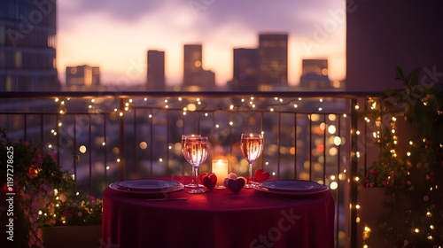A romantic balcony dinner setting with candles and city skyline at sunset.
