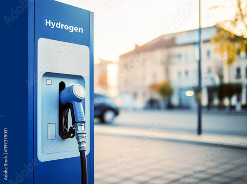 Blue Hydrogen gas fuel station on city street. photo