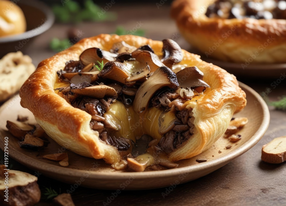 A delicate pastry pocket filled with saut?ed wild mushrooms and topped with a layer of melted butter , , mushroom pastries A delicate pastry pocket filled with saut?ed wild mushrooms and topped with a layer of melted butter , , mushroom pastries