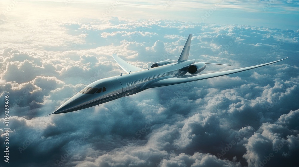 Naklejka premium Supersonic Jet Above Cloudscape: A Vision of Future Flight
