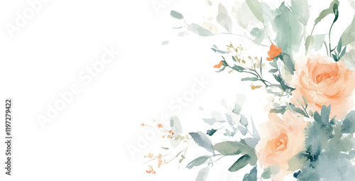 Vector watercolor flower border banner. Spring roses flower frame with leaves, yellow grass flowers. Cards, invitations, decorative border wreath. Wedding, mother's day, valentine's day,Women's D