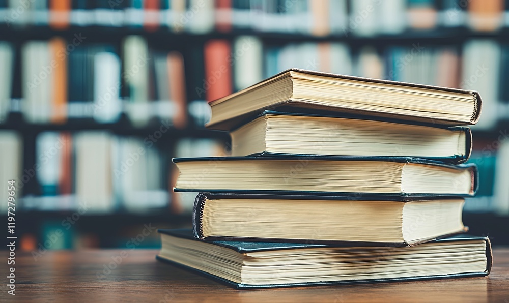 Stack of books on library table with bookshelf background, ideal for education or knowledge concepts Stack of books on library table with bookshelf background, ideal for education or knowledge concepts