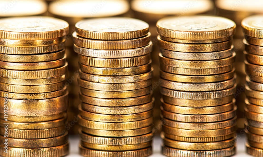 Stacks of gold coins on a white surface, close-up for finance or investment concepts Stacks of gold coins on a white surface, close-up for finance or investment concepts
