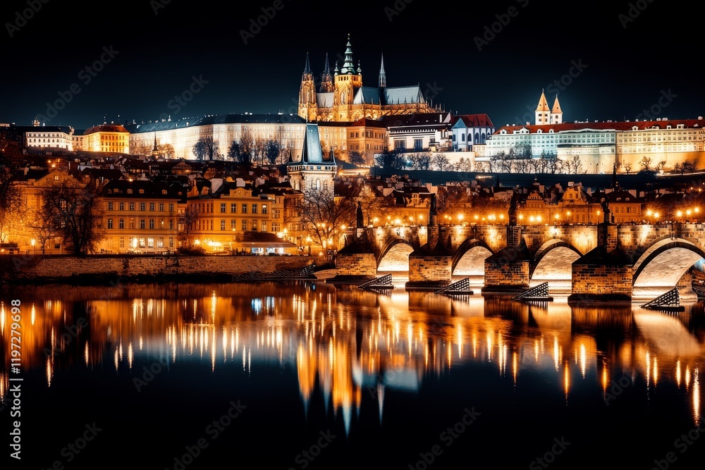 A peaceful nighttime view of the Vltava, with Prague Castle and the Charles Bridge illuminated by golden lights reflecting on the water A peaceful nighttime view of the Vltava, with Prague Castle and the Charles Bridge illuminated by golden lights reflecting on the water