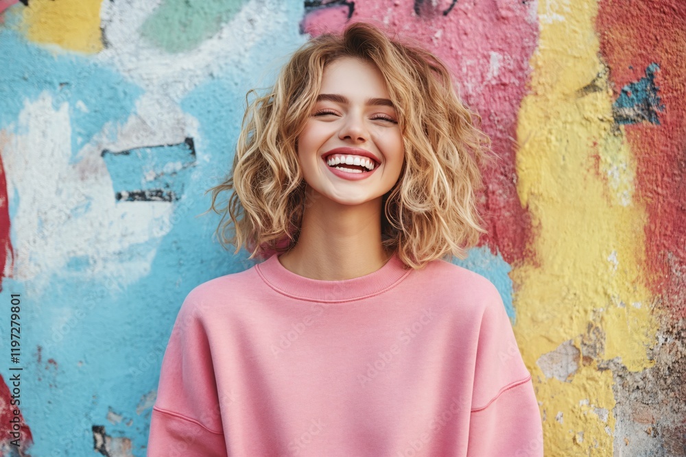 Obraz premium Happy Young Woman Smiling Brightly Against Colorful Graffiti Wall