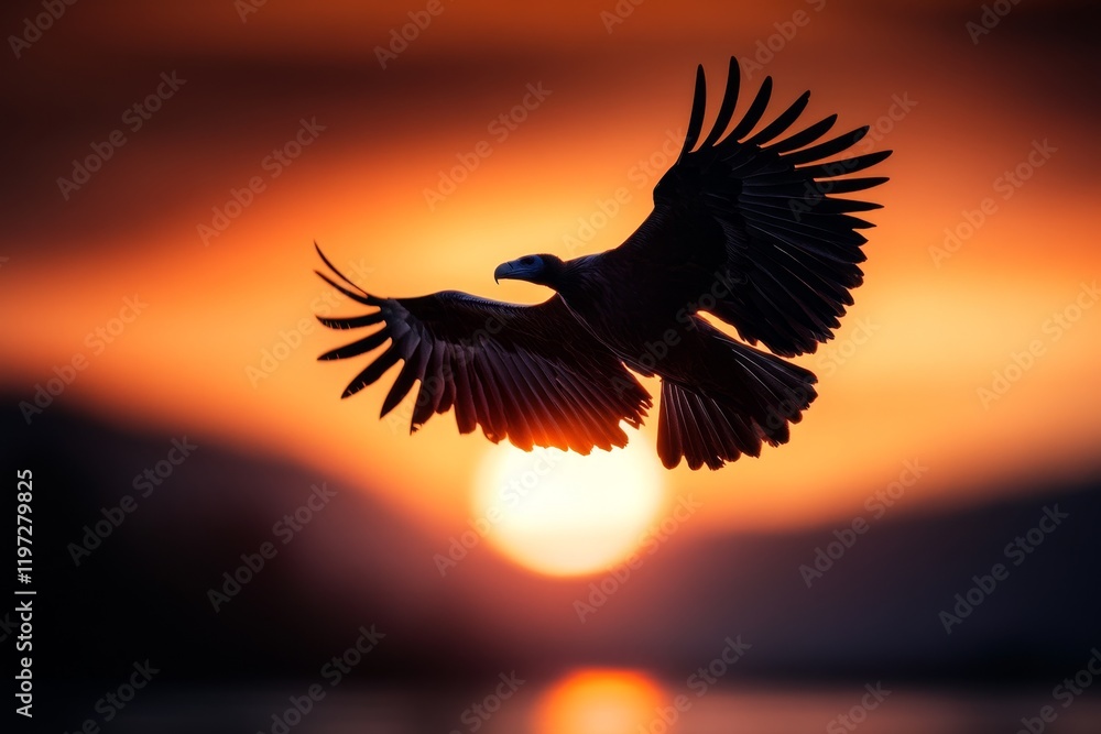 Obraz premium A pair of vultures silhouetted against a vibrant orange and purple sunset, their large wings spread wide