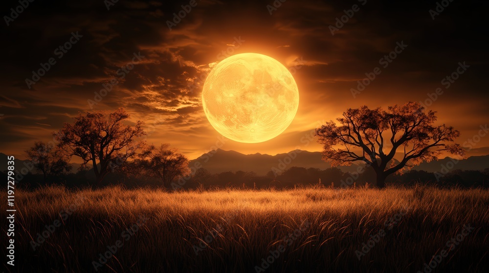 Majestic Full Moon Illuminating a Serene Field of Tall Grass Under a Starry Night Sky Creating a Peaceful and Dreamy Atmosphere in Nature Majestic Full Moon Illuminating a Serene Field of Tall Grass Under a Starry Night Sky Creating a Peaceful and Dreamy Atmosphere in Nature