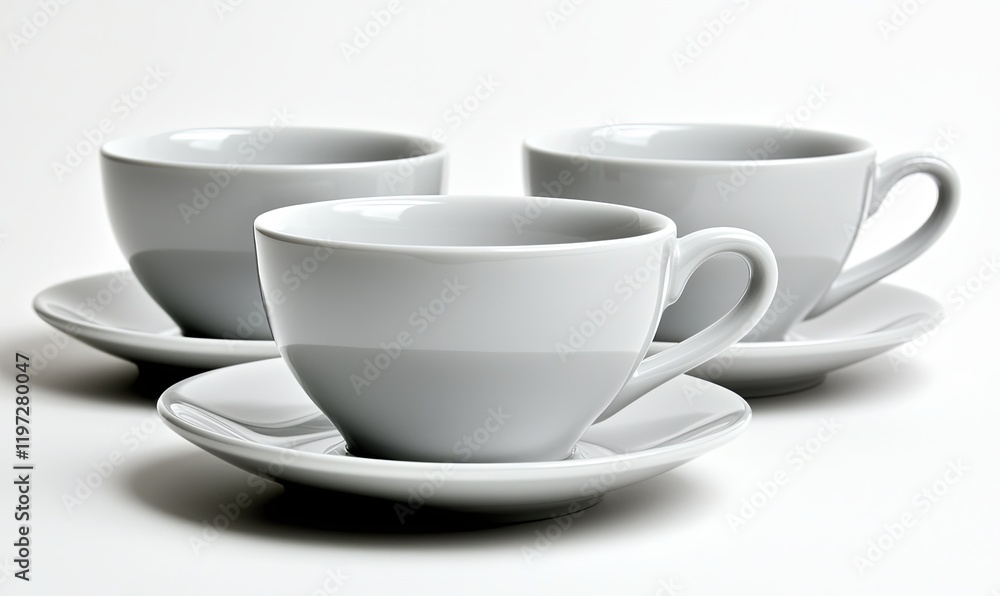 Three empty white teacups on saucers on a white background, simple modern tableware Three empty white teacups on saucers on a white background, simple modern tableware
