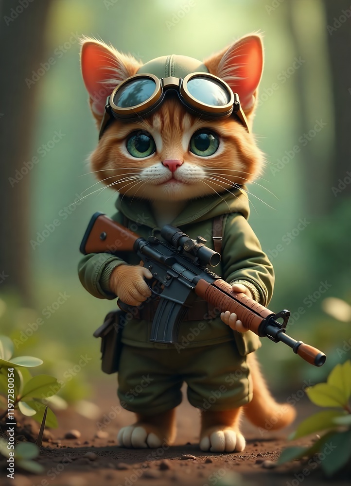 Cute Cartoon Cat Soldier with Rifle in a Forest Cute Cartoon Cat Soldier with Rifle in a Forest