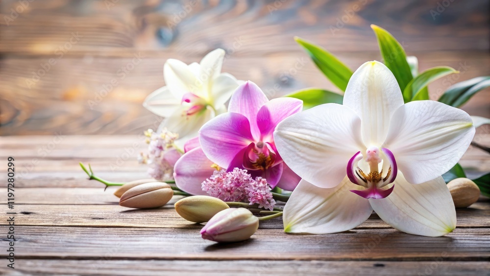 A delicate white lily surrounded by soft pink and purple orchids on a decorative wooden table, table, design A delicate white lily surrounded by soft pink and purple orchids on a decorative wooden table, table, design