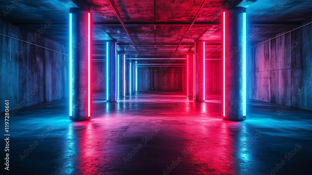 3D rendering of neon blue and red lights illuminating a dark empty room with concrete floors and columns. Cyberpunk-inspired abstract interior design with a futuristic atmosphere, perfect for studio l 3D rendering of neon blue and red lights illuminating a dark empty room with concrete floors and columns. Cyberpunk-inspired abstract interior design with a futuristic atmosphere, perfect for studio l