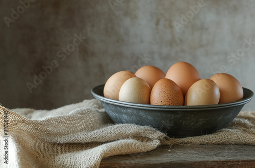 Easter Eggs in a Rustic Metal Bowl with Burlap Cloth – Vintage Easter Decoration