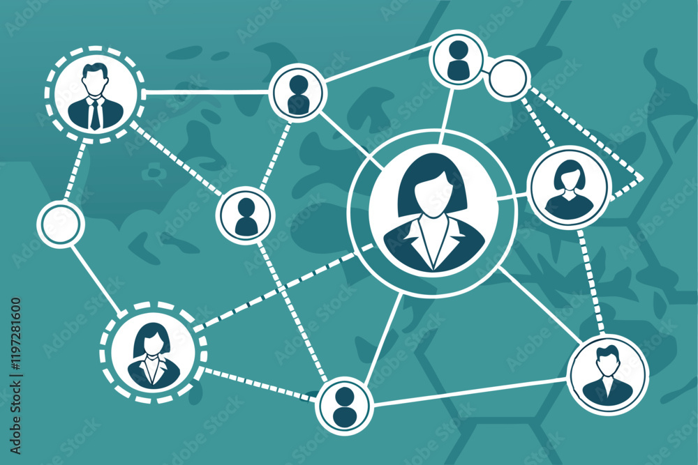 Global network, interconnected people icons, world map background, teal color scheme, hexagonal pattern, diverse avatars, social connectivity visualization, business networking concept, digital commun Global network, interconnected people icons, world map background, teal color scheme, hexagonal pattern, diverse avatars, social connectivity visualization, business networking concept, digital commun