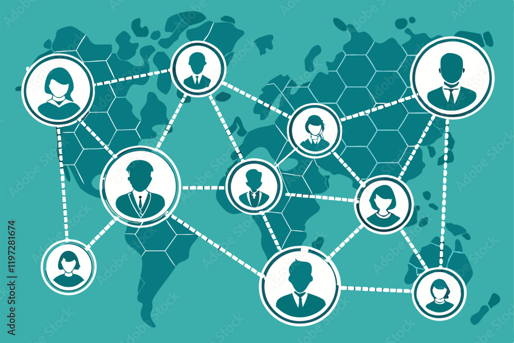 Global network, interconnected people icons, world map background, teal color scheme, hexagonal pattern, diverse avatars, social connectivity visualization, business networking concept, digital commun Global network, interconnected people icons, world map background, teal color scheme, hexagonal pattern, diverse avatars, social connectivity visualization, business networking concept, digital commun