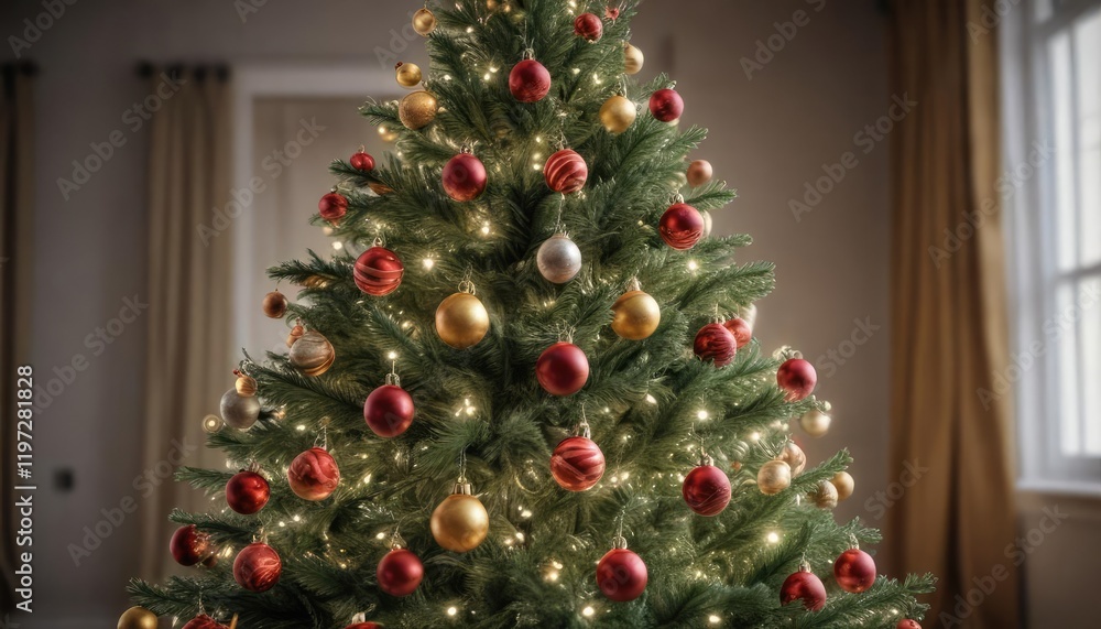 Fototapeta premium A drawing of a Christmas tree with a festive topper and ornaments, decorated trees, festive scene