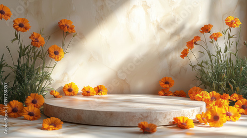 Elegant floral display with orange blooms and wooden pedestal, for showcasing products or presentations