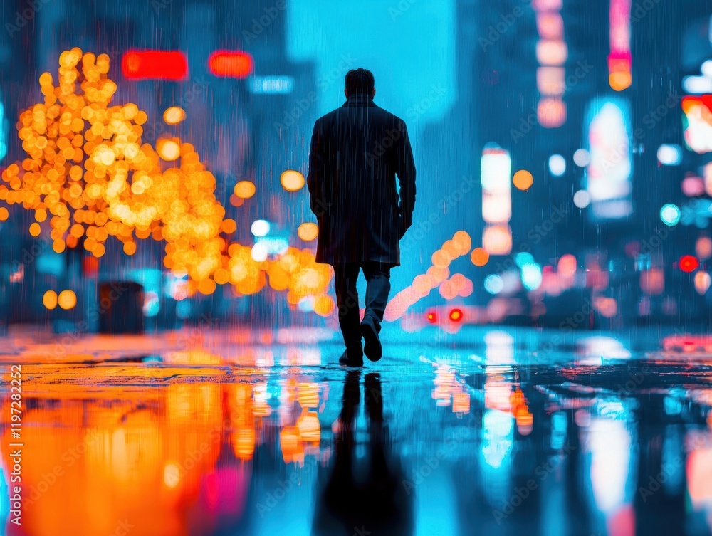 Fototapeta premium A Solitary Figure Walking in Rainy Urban Night Scene with Lights