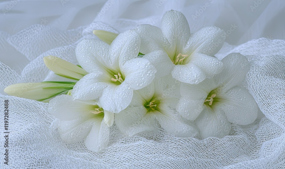 White lilies with water drops on sheer fabric, ideal for backgrounds or wedding themes White lilies with water drops on sheer fabric, ideal for backgrounds or wedding themes