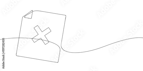 Continuous line drawing of a document with a cross symbol. Minimalist black outline illustration on a white background. Abstract concept for error, rejection, or deletion themes in modern design.