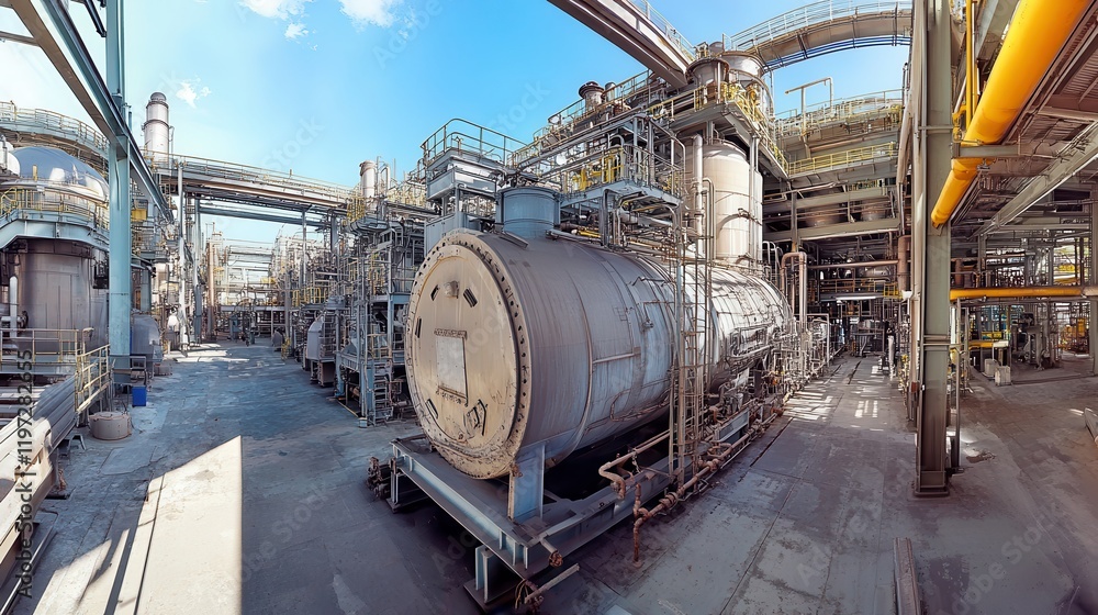A panoramic view of an industrial boiler operating within a large petrochemical complex, emphasizing scale and industrial design. A panoramic view of an industrial boiler operating within a large petrochemical complex, emphasizing scale and industrial design.