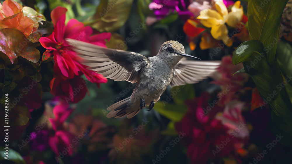 Fototapeta premium Photograph of a vibrant hummingbird in mid-flight, its wings frozen in crystal-clear detail, surrounded by colorful flowers, representing freedom and vitality
