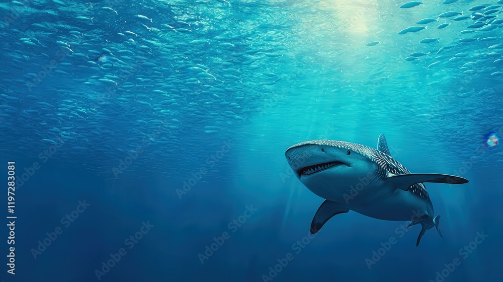 Fototapeta premium Shark encounter exploring underwater wildlife ecosystem ocean depths marine life serene environment