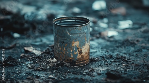 A rusty, abandoned can sits on a dirty, littered surface, evoking themes of neglect and environmental decay. photo