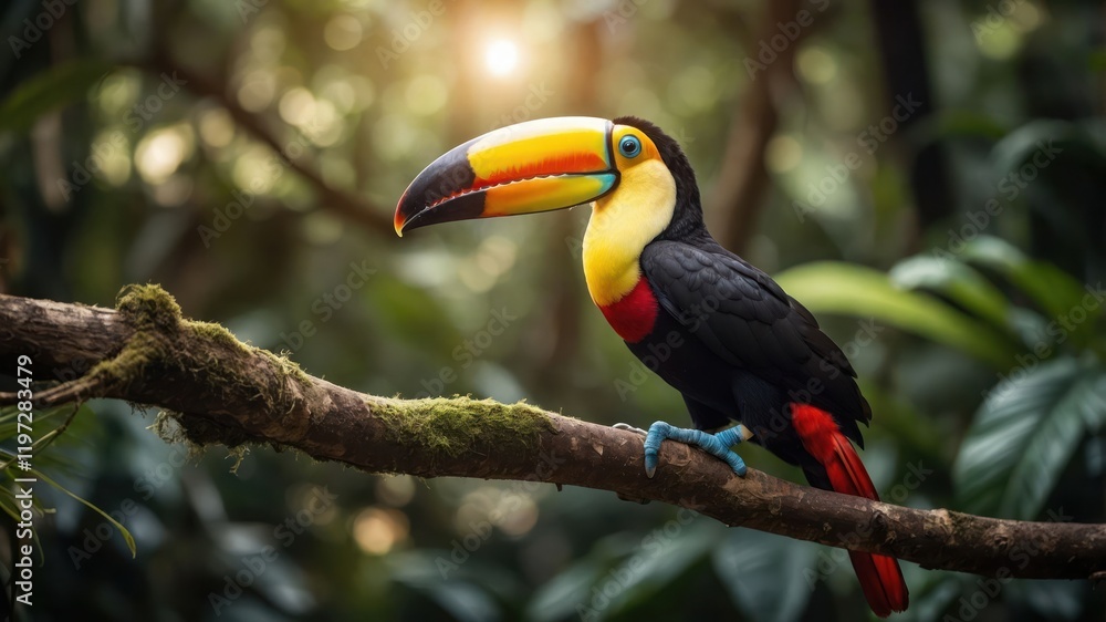 A colorful toucan perched on a branch in a lush, tropical forest. A colorful toucan perched on a branch in a lush, tropical forest.