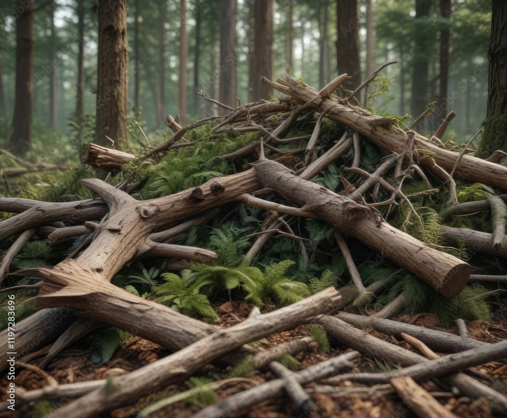A jumbled pile of wood and branches on the forest floor, discarded lumber, cut wood A jumbled pile of wood and branches on the forest floor, discarded lumber, cut wood