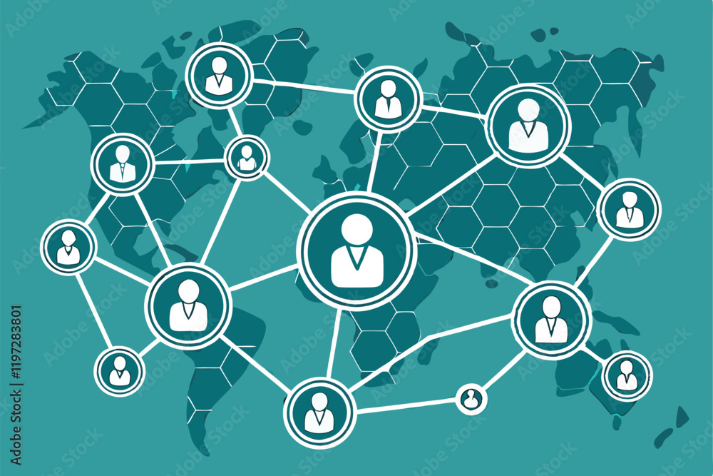 Global network, interconnected people icons, world map background, teal color scheme, hexagonal pattern, diverse avatars, social connectivity visualization, business networking concept, digital commun Global network, interconnected people icons, world map background, teal color scheme, hexagonal pattern, diverse avatars, social connectivity visualization, business networking concept, digital commun
