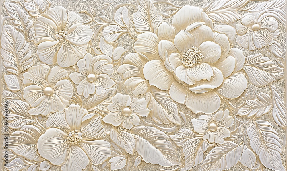 custom made wallpaper toronto digital3D floral wall decor, embossed flowers, leaves, and pearl accents